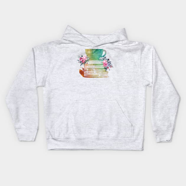 Cup of Tea with Books and flowers Kids Hoodie by erzebeth